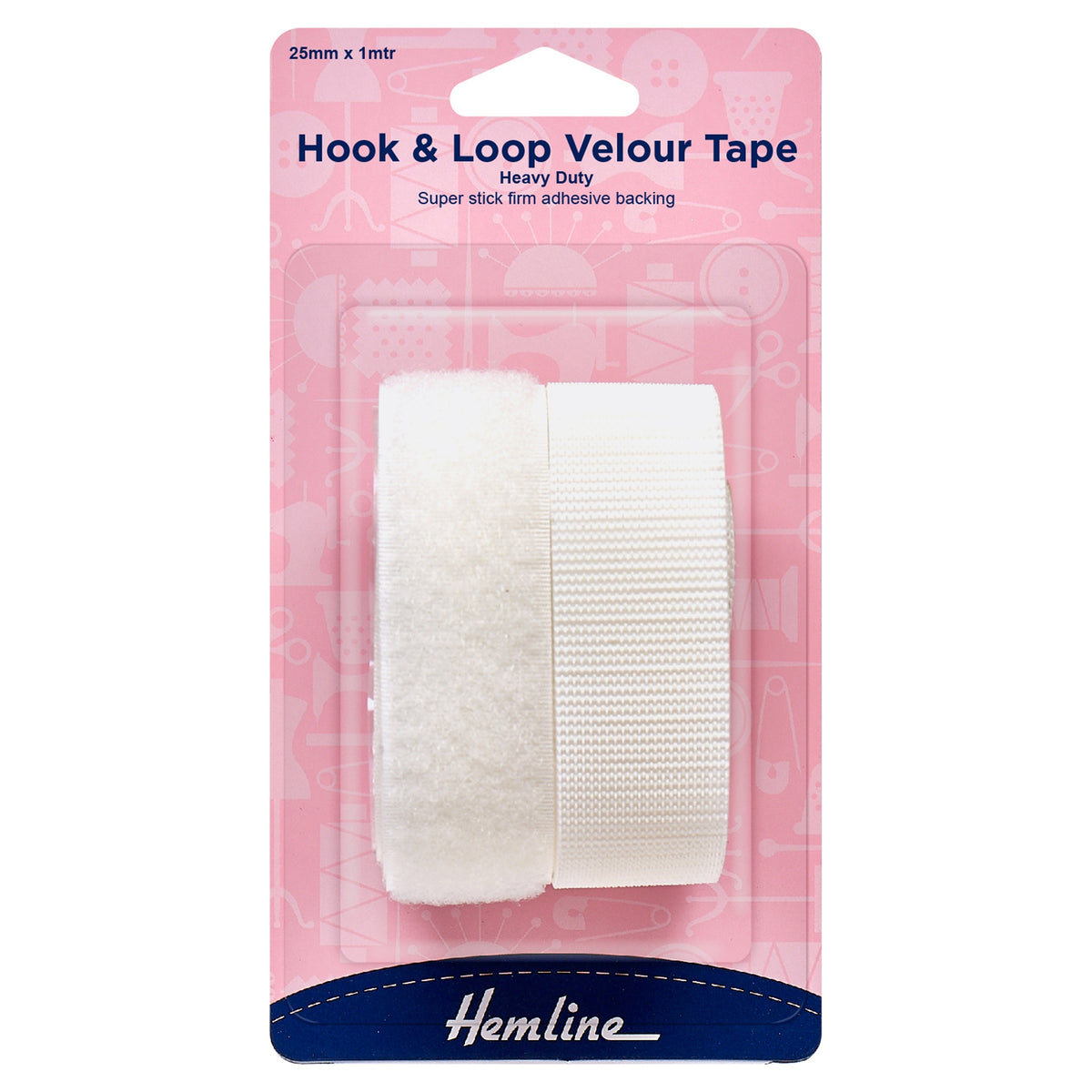 Hemline Heavy Duty Stick-On Hook & Loop Tape – 1m x 25mm White - H659.25