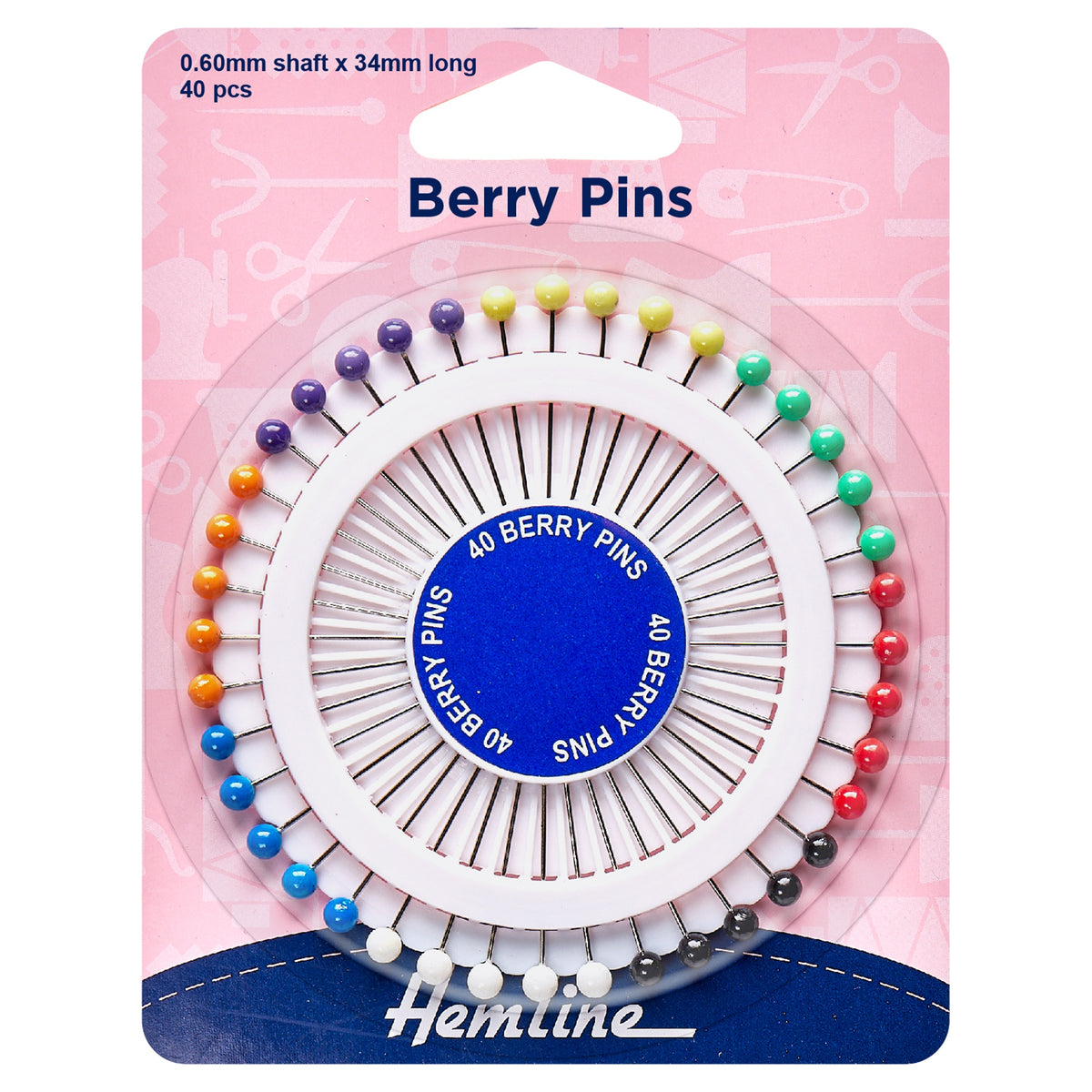 Hemline Berry Dressmaking Pins – 34mm Nickel, Pack of 40 - H668