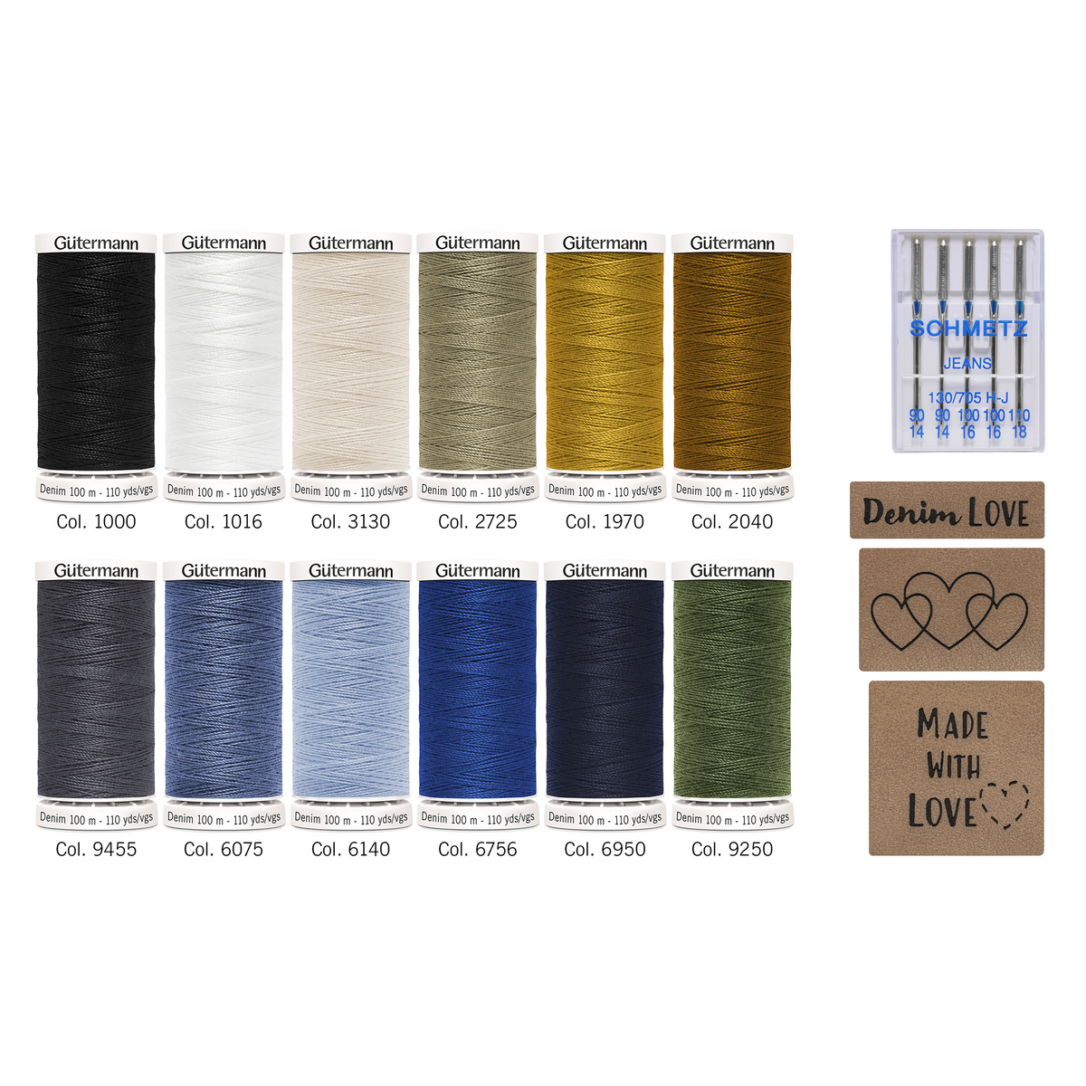 Gutermann Thread Storage Tin- Denim Thread with Accessories- 12 x 100m- Assorted