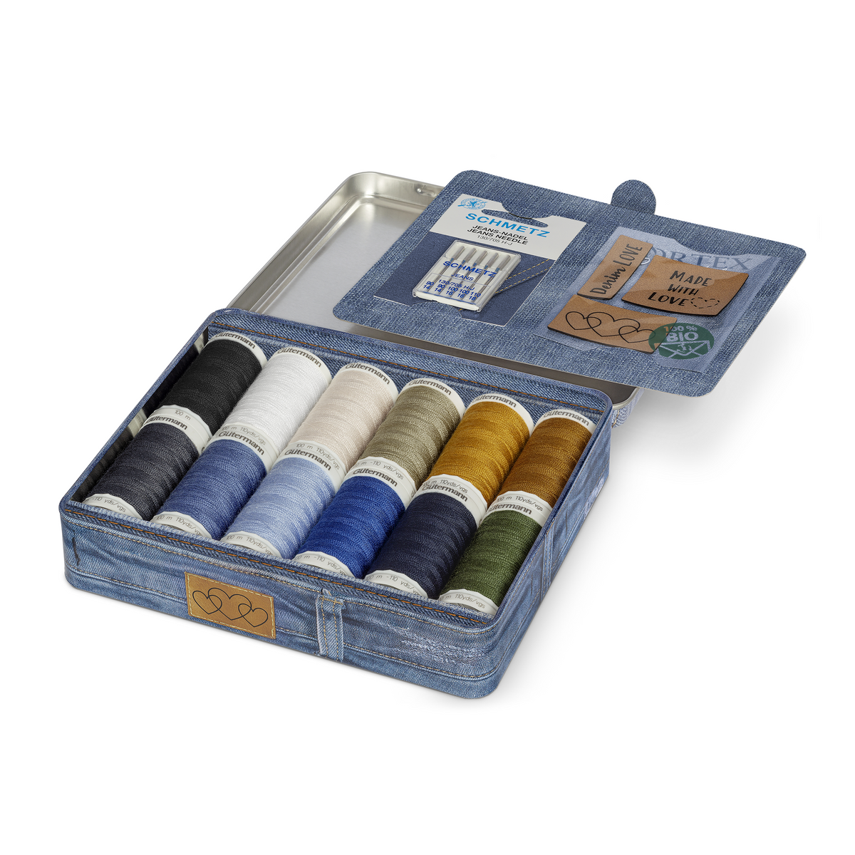 Gutermann Thread Storage Tin- Denim Thread with Accessories- 12 x 100m- Assorted
