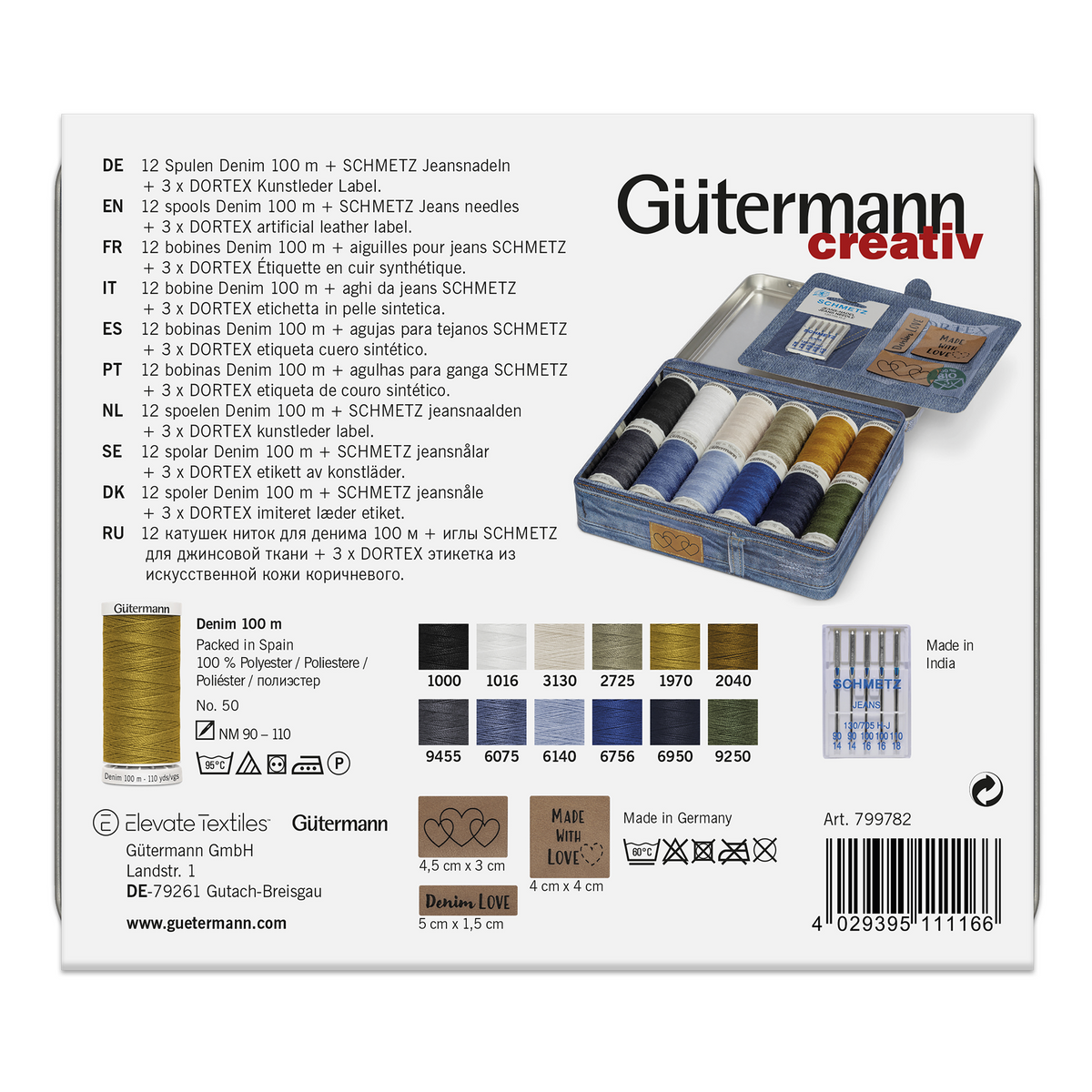 Gutermann Thread Storage Tin- Denim Thread with Accessories- 12 x 100m- Assorted