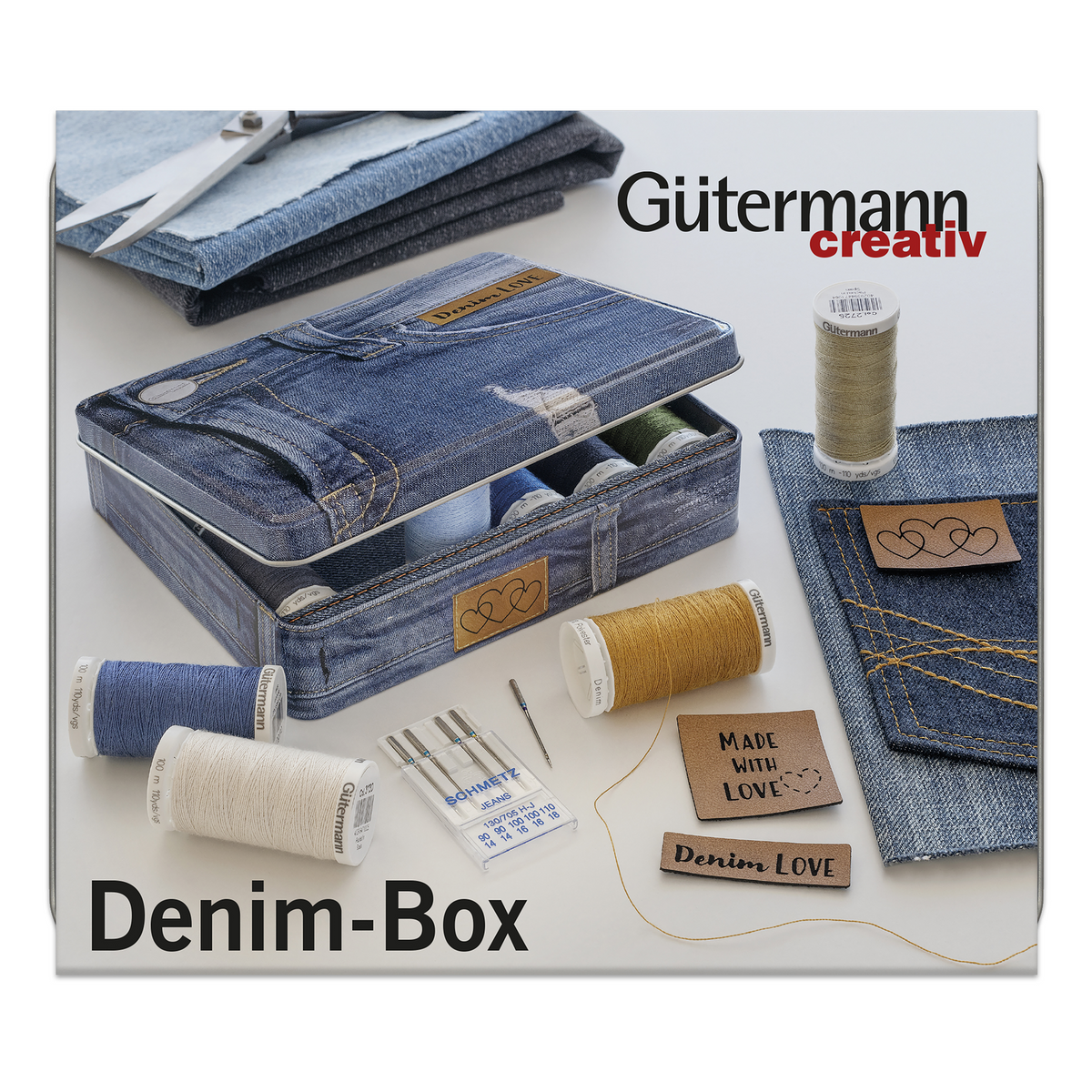Gutermann Thread Storage Tin- Denim Thread with Accessories- 12 x 100m- Assorted