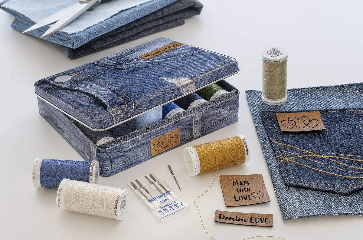 Gutermann Thread Storage Tin- Denim Thread with Accessories- 12 x 100m- Assorted