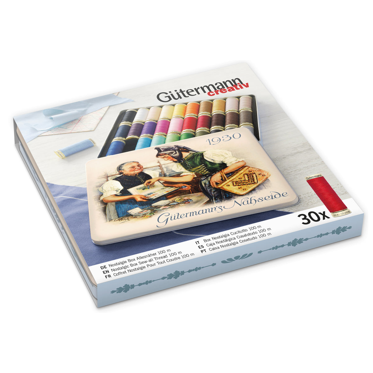 Gutermann Thread Storage Tin - Nostalgic '1930' - Sew-All: 30 x 100m - Assorted