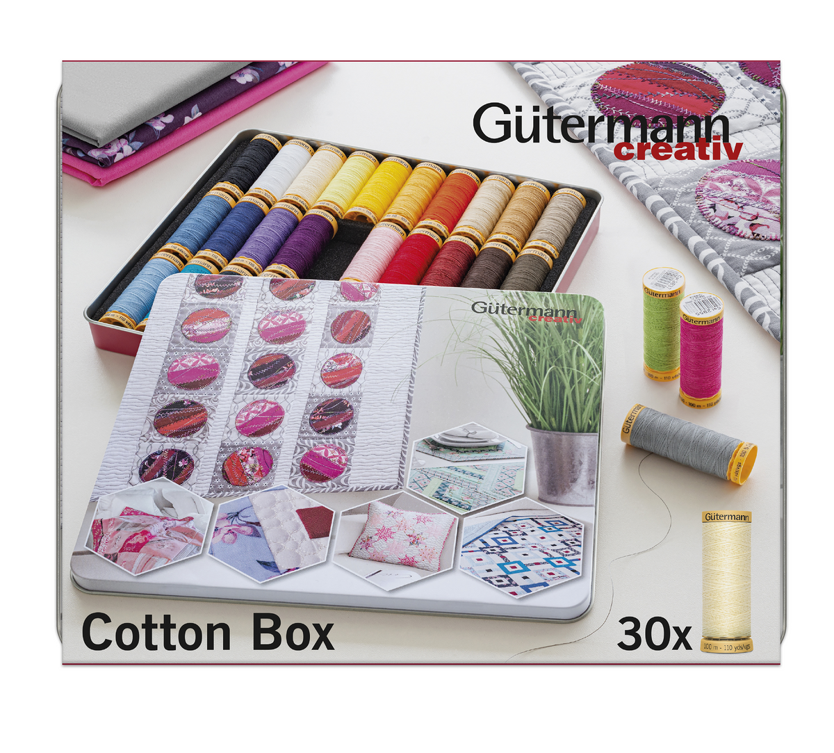 Gutermann Thread Storage Tin - Natural Cotton C. No.50: 30 x 100m - Assorted