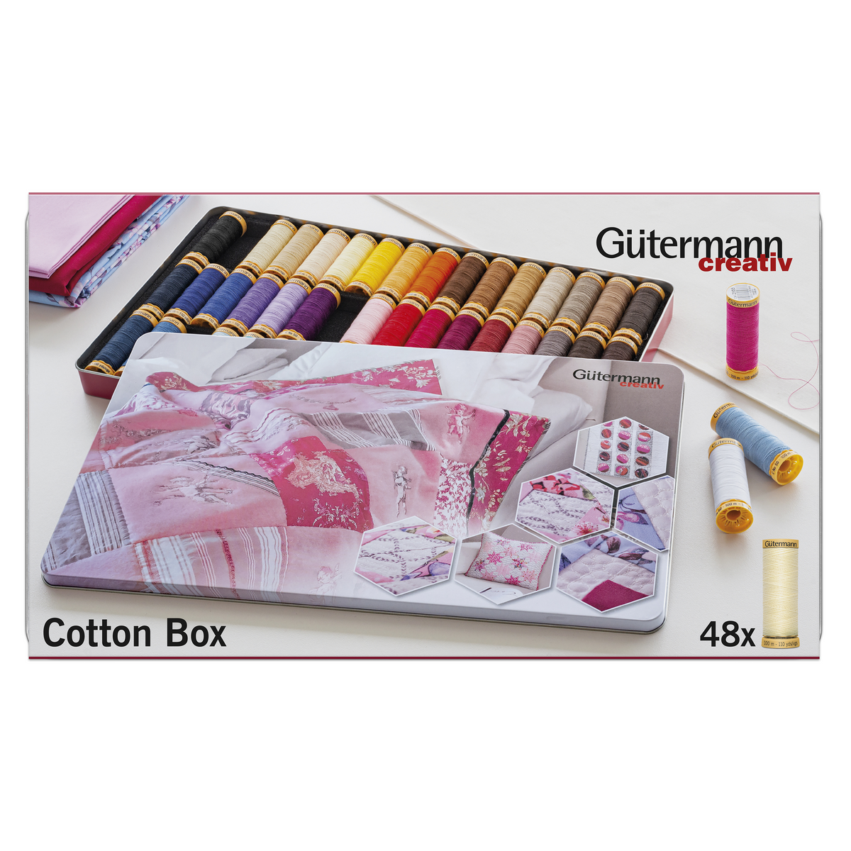 Gutermann Thread Storage Tin - Natural Cotton C. No.50: 48 x 100m - Assorted