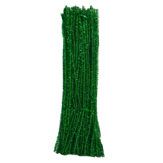 Pack of 100 Colourful Tinsel Stem Pipe Cleaners – 0.6 x 30cm Craft Wires - Green