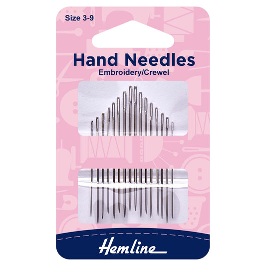 Hemline Embroidery & Crewel Hand Sewing Needles – Sizes 3–9, Pack of 16
