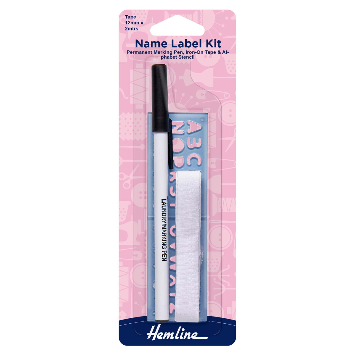 Hemline Name Label Kit – Iron-On Tape with Pen & Stencil - H293
