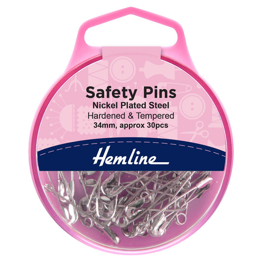 Hemline Safety Pins – 34mm Nickel, Pack of 30 - H410.1