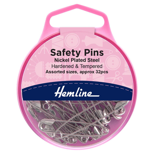 Hemline Assorted Safety Pins – Nickel, Pack of 32 - H410.99