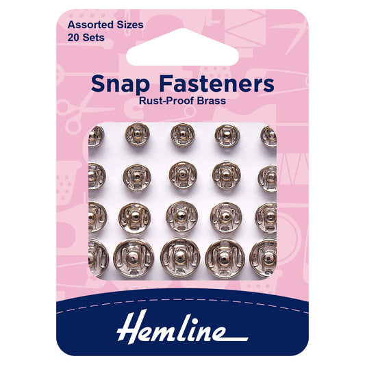 Hemline Nickel Sew-On Snap Fasteners – Assorted Pack of 20 - H420.99