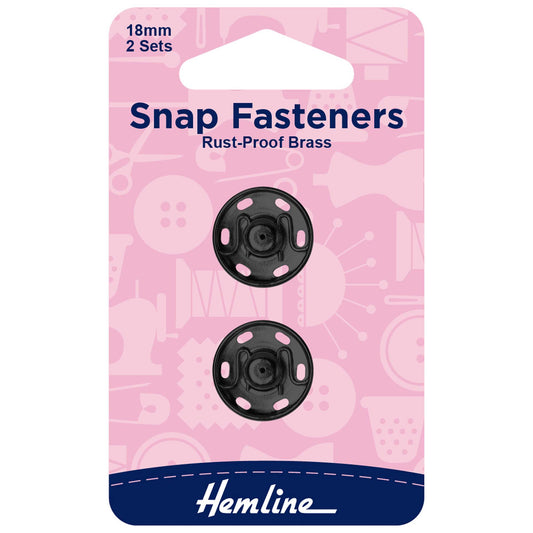 Hemline Black Sew-On Snap Fasteners – 18mm Pack of 2 - H421.18