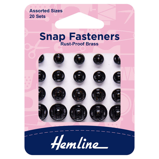Hemline Black Sew-On Snap Fasteners – Assorted Pack of 20 - H421.99