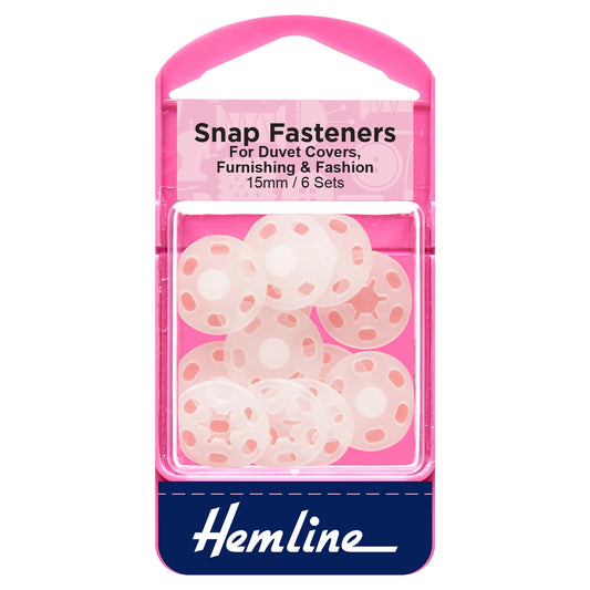 Hemline Clear Plastic Sew-On Snap Fasteners – 15mm Pack of 6 - H424