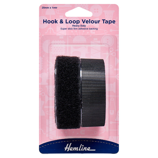 Hemline Heavy Duty Stick-On Hook & Loop Tape – 1m x 25mm Black - H659.25