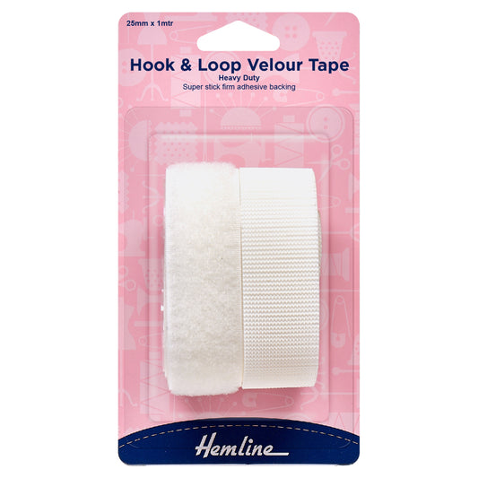 Hemline Heavy Duty Stick-On Hook & Loop Tape – 1m x 25mm White - H659.25