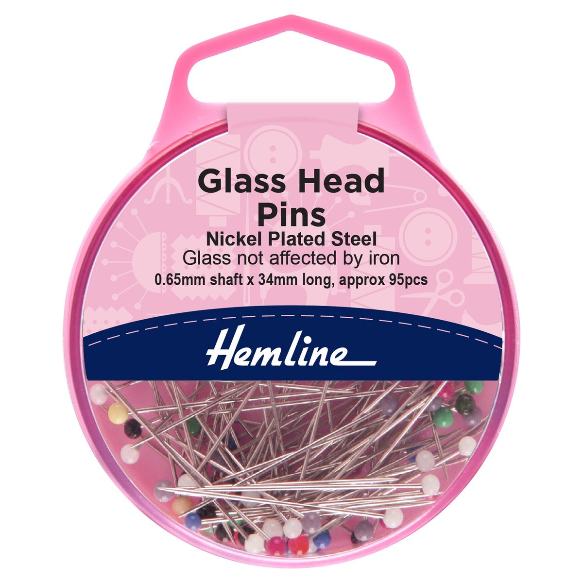 Hemline Glass Head Dressmaking Pins – 34mm Nickel, Pack of 95 - H679