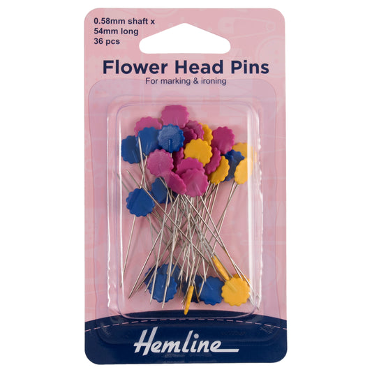 Hemline Flower Flat Head Dressmaking Pins – 54mm Nickel, Pack of 36 - H707