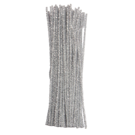 Pack of 100 Colourful Tinsel Stem Pipe Cleaners – 0.6 x 30cm Craft Wires - Silver